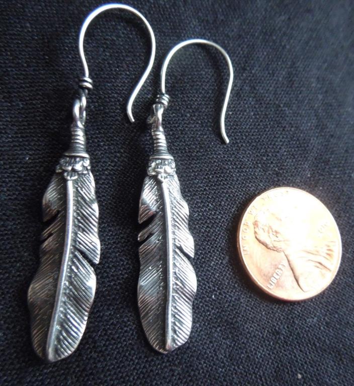 Southwestern FEATHER EARRINGS *Sterling Silver *Very Dimensional* 2.2 Inch Drop*