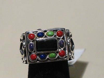 925 Silver Onyx, Coral, Lapis Lazuli & Green & Purple Turquoise Ring - Size 7