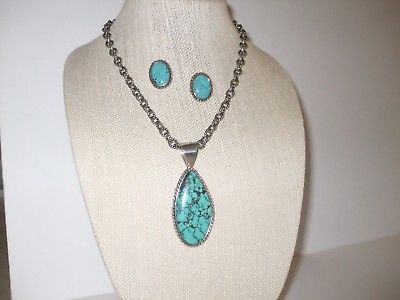 JAY KING RARE SPIDERWEB TURQUOISE PENDANT /EARRINGS & CAROLYN POLLACK S.S. CHAIN
