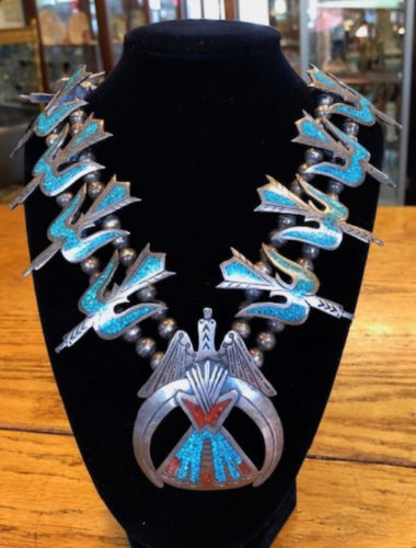 S21 Squash Blossom Necklace, Sterling, Peyote Birds, Turquoise, Coral, Wow!