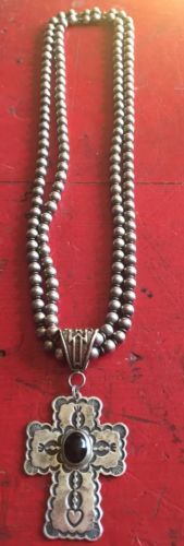 Sterling Navajo Pearl Bead Necklace Don Lucas Onyx Cross 61 G