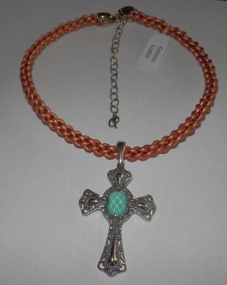 Carolyn Pollack Turquoise Doublet Sterling Silver Cross Bronze Leather Necklace