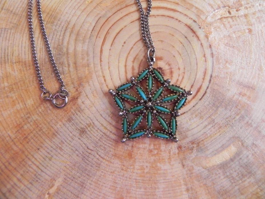 Turquoise & Silver FLOWER STAR Cluster Pendant on Silver Chain Necklace 24