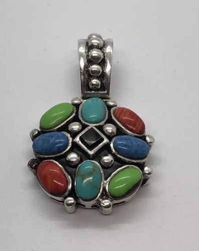 Sterling Silver Turquoise Coral And Onyx Pendant.