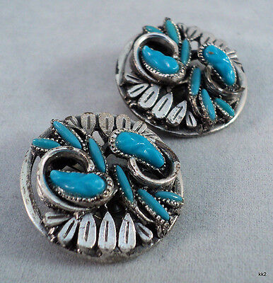 Vintage Faux Turquoise Silvertone Southwestern Needlepoint Earrings -Estate Find