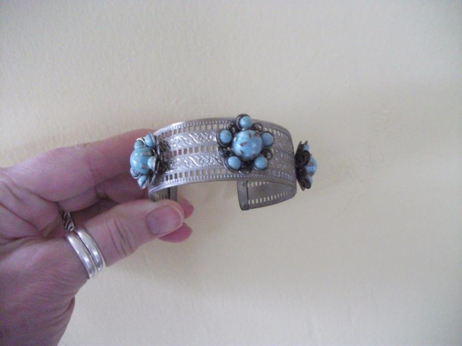 Silverplate Filigree Cuff Bracelet w 3 Turquoise Stone Flowers