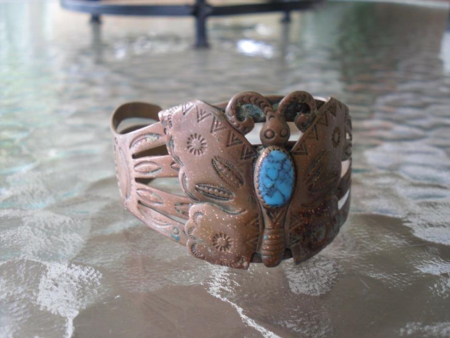 VINTAGE SOLID COPPER TURQUOISE CUFF BRACELET JEWELRY BUTTERFLY FEATHERS