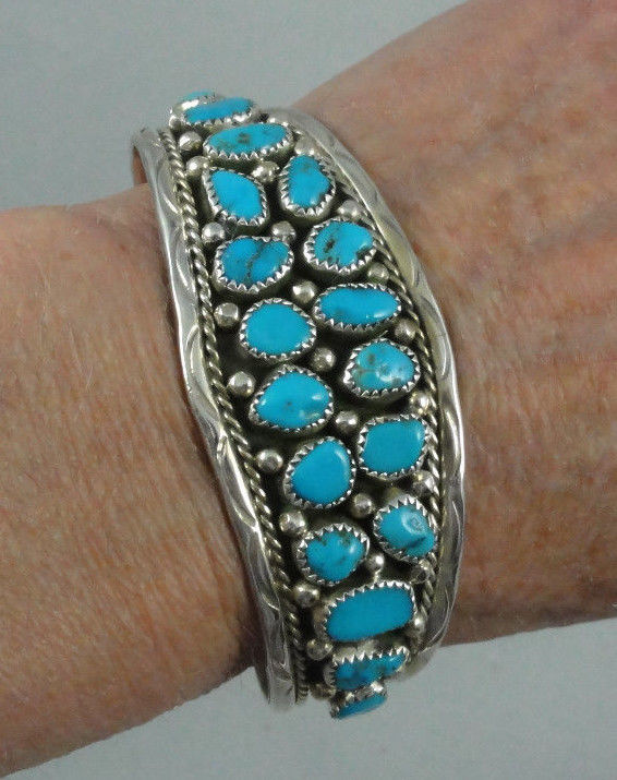 Estate Signed A Sterling Silver Turquoise Nugget Cuff Bracelet Southwestern