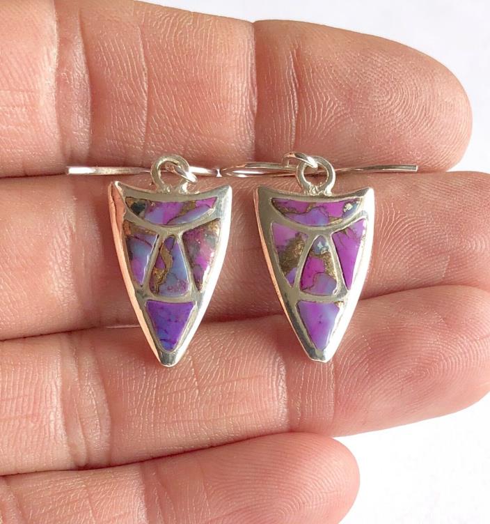 Signed Southwestern Sterling Silver Purple Mohave Turquoise Dangle Earrings