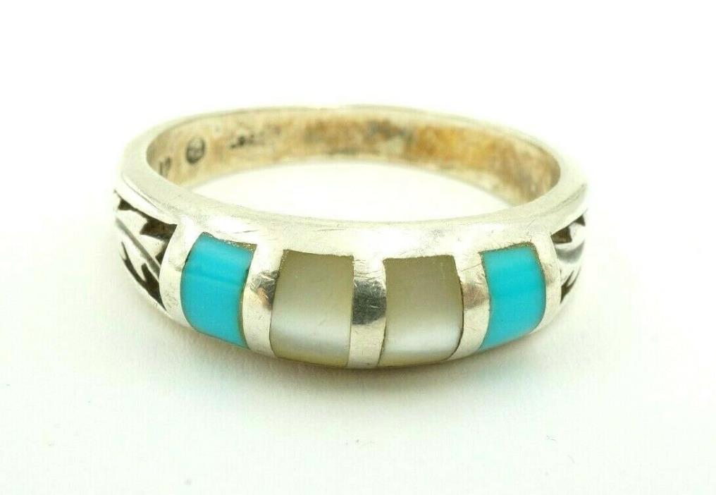 Southwestern Sterling Silver Turquoise And Mother Of Pearl Men's Ring Size 11.75
