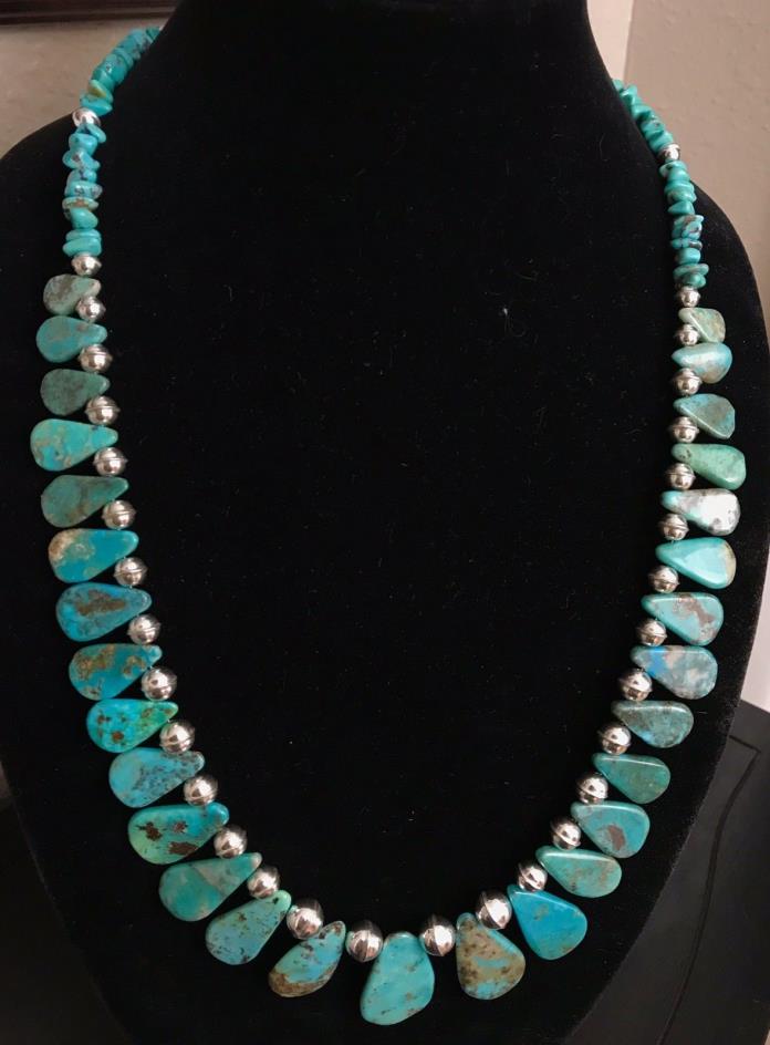 Large Southwest Turquoise & Sterling Silver Bench Bead Necklace from NM
