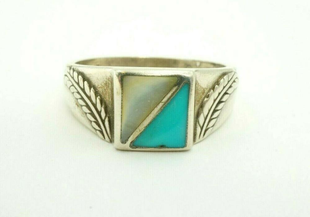 Southwestern Sterling Silver Turquoise And Mother Of Pearl Men's Ring Size 12.5