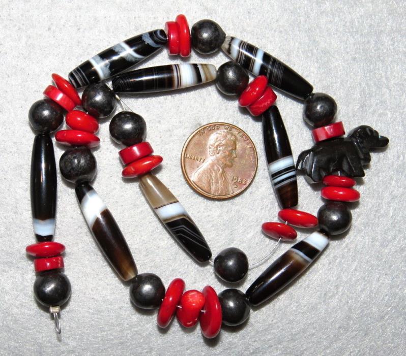 Vintage Black Agate, Coral, Oaxaca Pottery Ethnic Beads ~ Dog Fetish Southwest