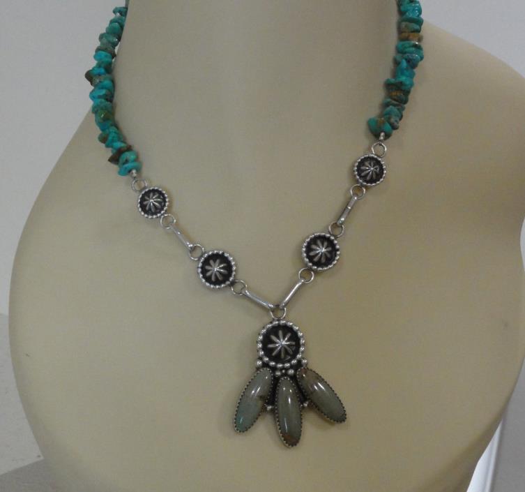 Running Bear Sterling Silver Rosette Concho Turquoise Pendant Necklace Southwest