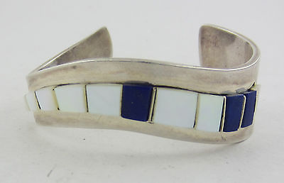 Southwestern Sterling Silver Mother of Pearl & Lapis Curved Cuff Bracelet