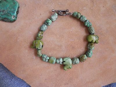 Green Turquoise Nugget Beads, Carved ELEPHANT beads w Sterling clasp Bracelet