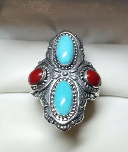VINTAGE SOUTHWEST CAROLYN POLLACK CORAL TURQUOISE STERLING SILVER RING SZ 8.25