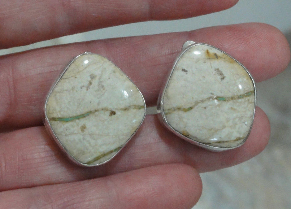 Estate Sterling Silver Desert Jasper Stone Clip On Earrings Southwestern