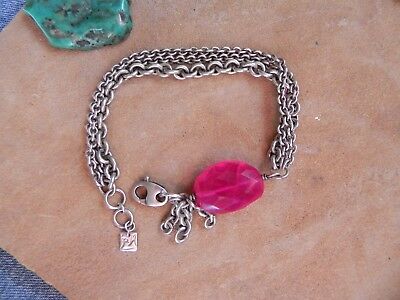 3 Strand Sterling Silver Chain link Bracelet w Fuscia Pink Quartz bead signed PA