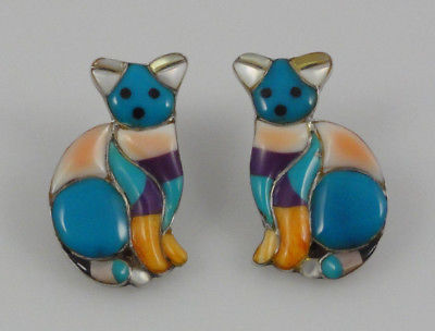 Sterling Silver Cat Kitty Turquoise Spiny Oyster Inlay Earrings Multi Color