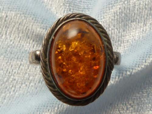Vintage Sterling Ring, with 14 X 9mm Amber Cabochon, Size 7