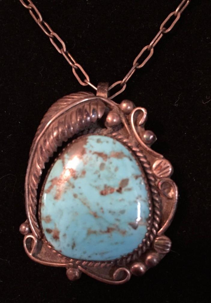 Vintage Southwestern Turquoise & Sterling Silver Pendant with Necklace Hand-made