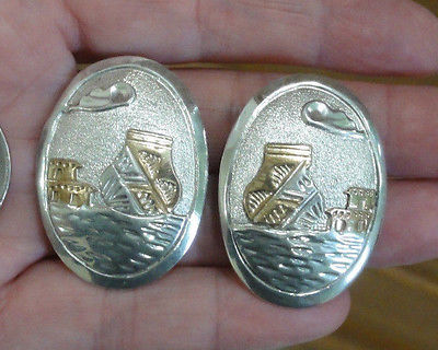 Estate Sterling Silver Large Pueblo Pottery Tooled Clip On Earrings Gold Accent