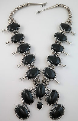 Rare HUGE 286 Gram Sterling Silver & Black Onyx Quality Squash Blossom Necklace