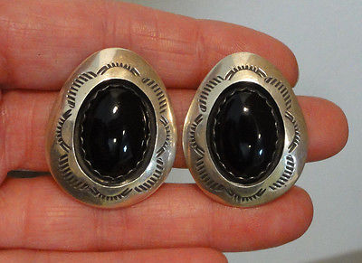 Estate Teddy Goodluck Sterling Silver Black Onyx Shadow Box Clip On Earrings TG