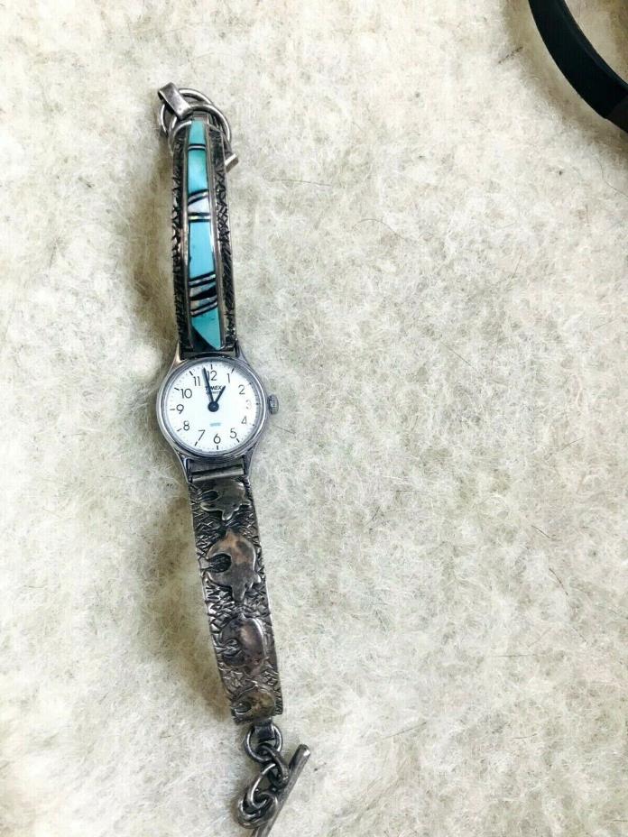 Vintage Sterling Repousee' Bears Turquoise Opal Watch Watch band ladies