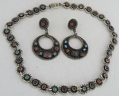 Early rustic sterling, Turquoise, Coral, earrings, necklace set Mexico, Taxco