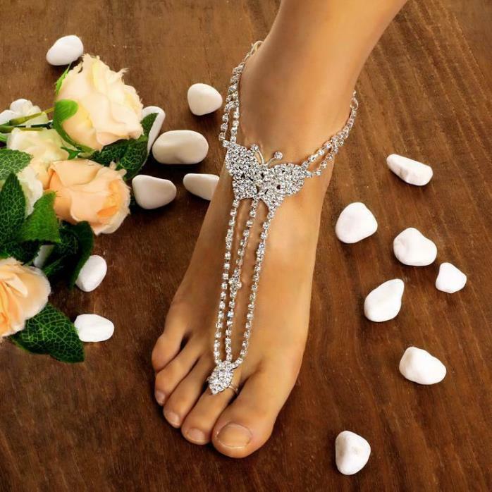 Hot Fashion Women Butterfly With Toe Ring Foot Chain Rhinestone Barefoot B44G 01
