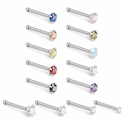 Lcolyoli 14PCS 22G Surgical Steel Nose Stud Rings Bone Pin Body Piercing Jewelry