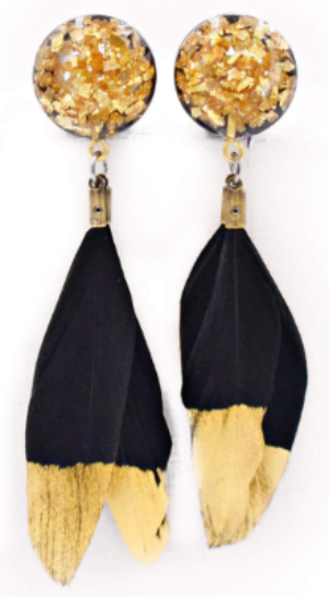 Handmade Gold Crushed Glass with Black & Gold Feather - Sizes 8g to 1/2 inch