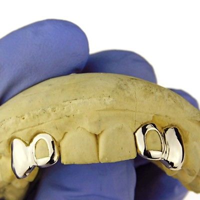 Custom Fitted Double Cap Grillz Set Open Face 925 Gold Plated Two Canine Teeth