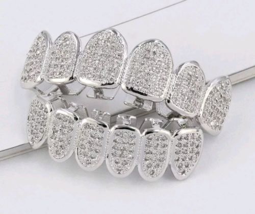 Silver Plated Hip Hop All Iced Out CZ Micro Paved Teeth Grill Set