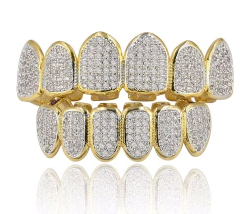 Gold Plated Hip Hop All Iced Out CZ Micro Paved Teeth Grill Set