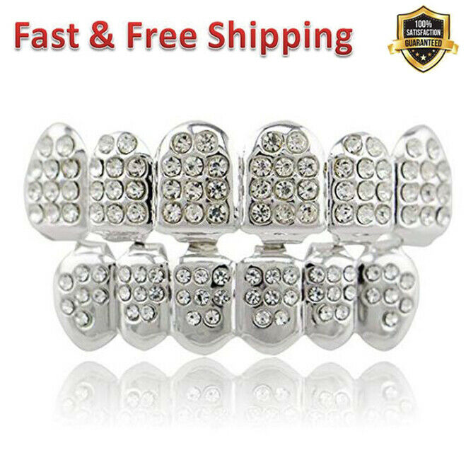 Plated Iced Out Grills 14 k Gold with Diamond Hip Hop Teeth Top Bottom Set New