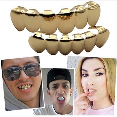 US Hip-Hop Copper Swagger Gold Silver Fake Top & Bottom Teeth Cosplay Grillz Cap