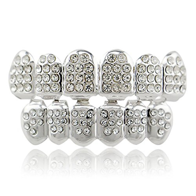 LuReen Silver Plated Iced Out Grillz with Diamond Hip Hop Teeth Top and Bottom