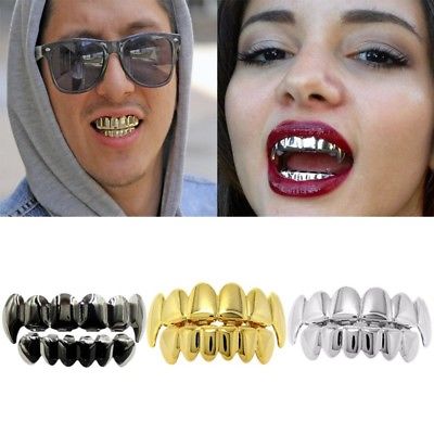 New Custom Fit 14k Gold Plated Hip Hop Teeth Grillz Caps Top & Bottom Grill Set