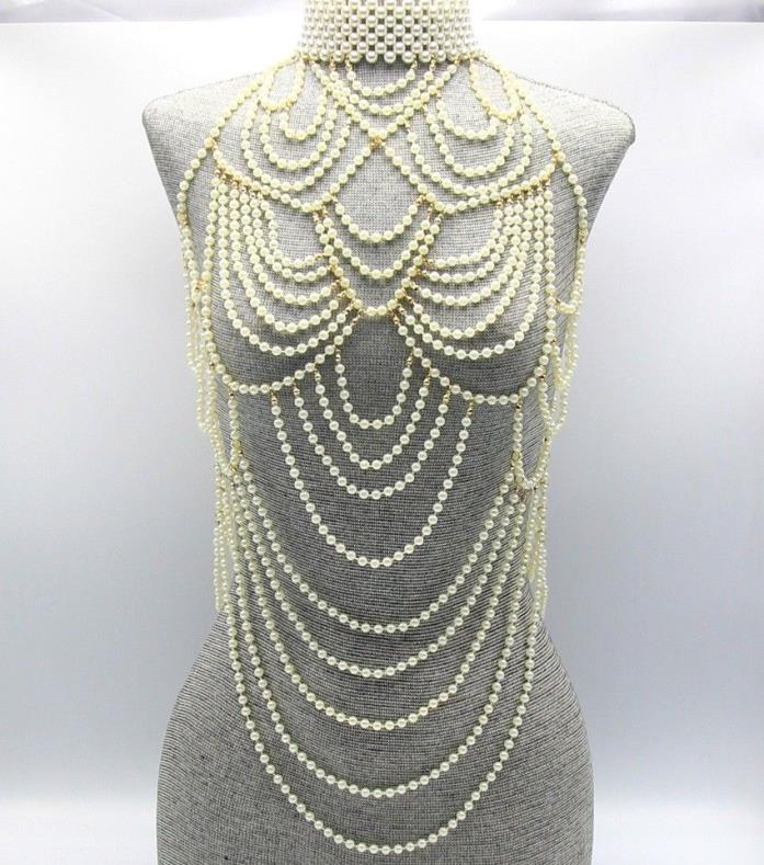 Cream Choker Pearl Bead Beaded Vest Body Chain Strand Bib Long Gold Layered NEW