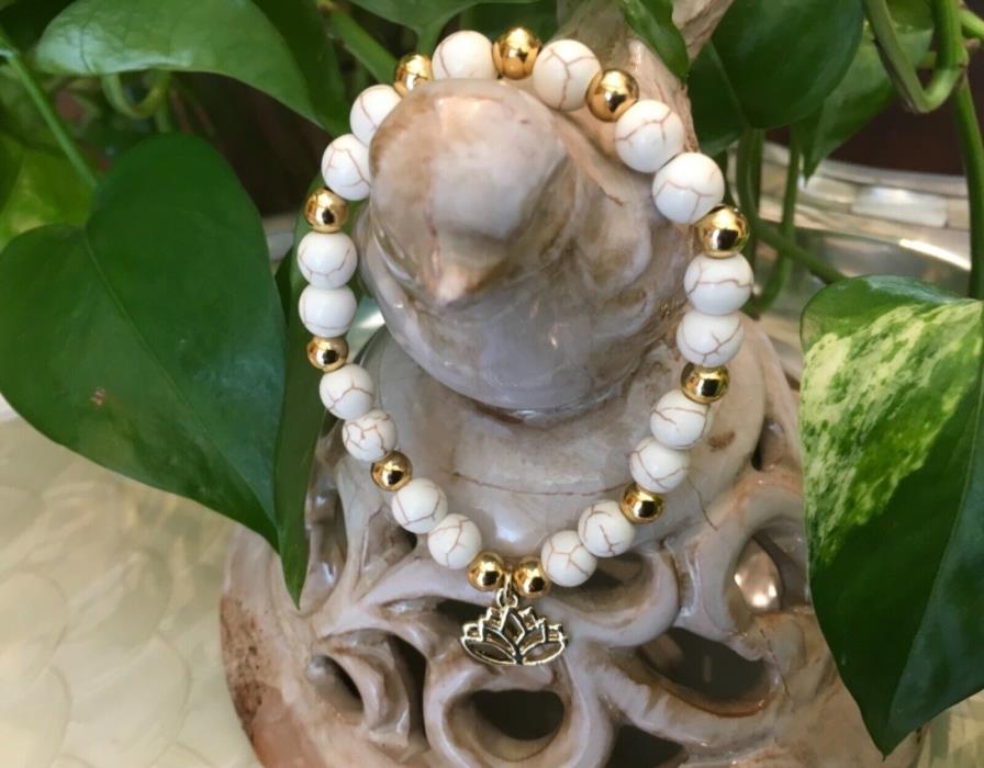 ?Rustic Cream Beads with Lotus Flower Charm Bracelet Cuff?