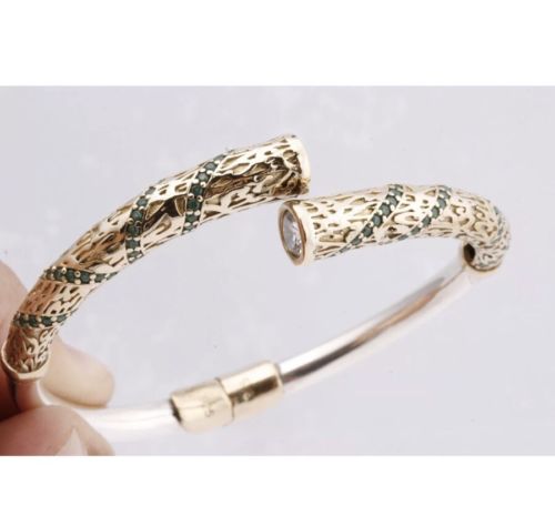 Vintage Handmade Ottoman 925 Sterling Silver Emerald Topaz Bangle Bracelet