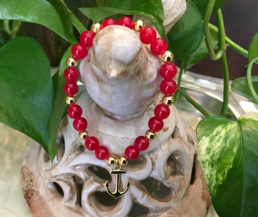 ?Rustic Red Glass Beaded Gold Anchor Bracelet Cuff?