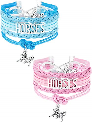 Mtlee 2 Pieces Horse Bracelet Bangle Handmade Leather Love Horse Charm Infinity