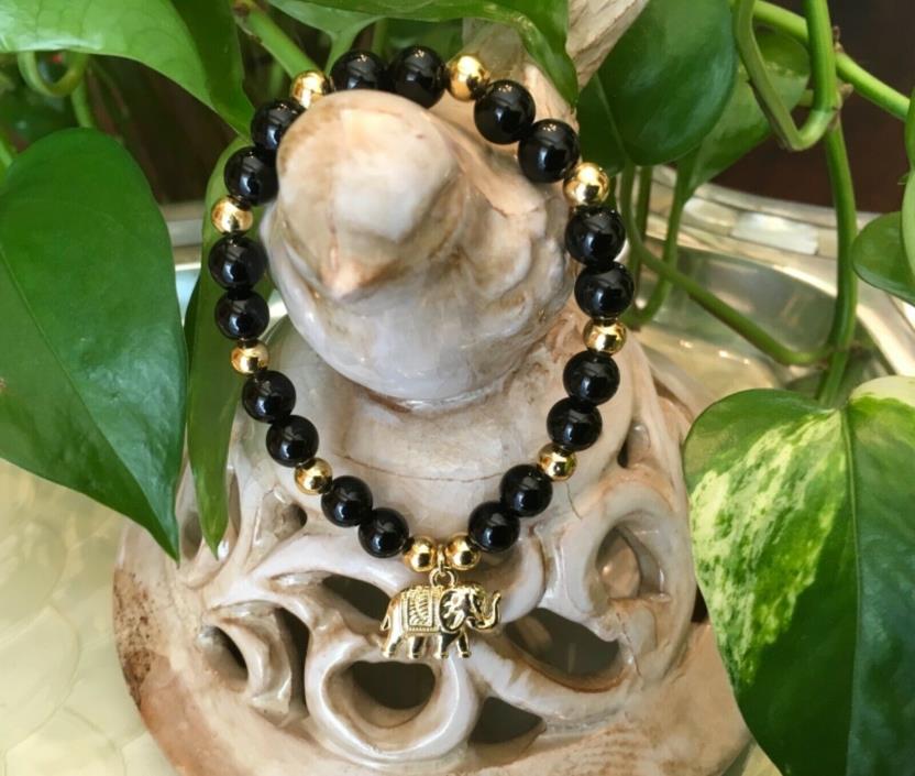 ?Rustic Black Jasper Beaded Gold Elephant Charm Bracelet Cuff?