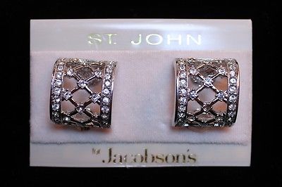 St. John Crystal Rhinestone Hoop Clip On Earrings Jewelry Card Original Hang Tag