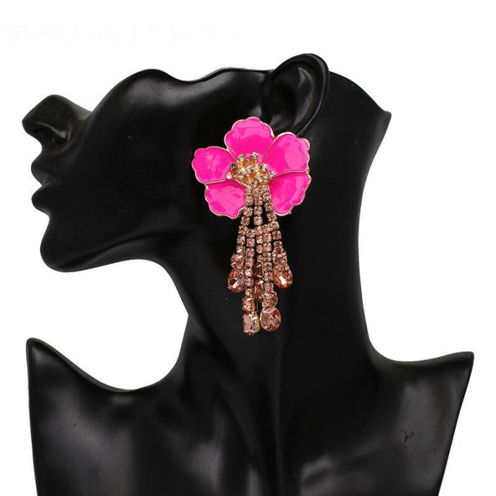 US SELLER SHIP FROM NYC very large PINK flower dangling gem FASHION Earrings