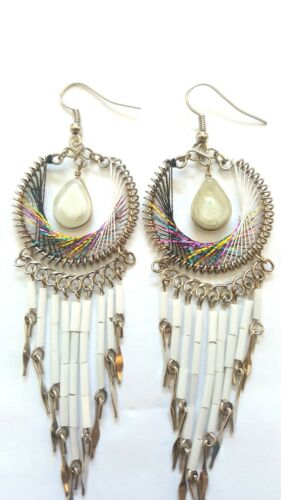 Dream Catcher Earrings-Alpaca Silver-Gorgeous White with Multicolored Thread!
